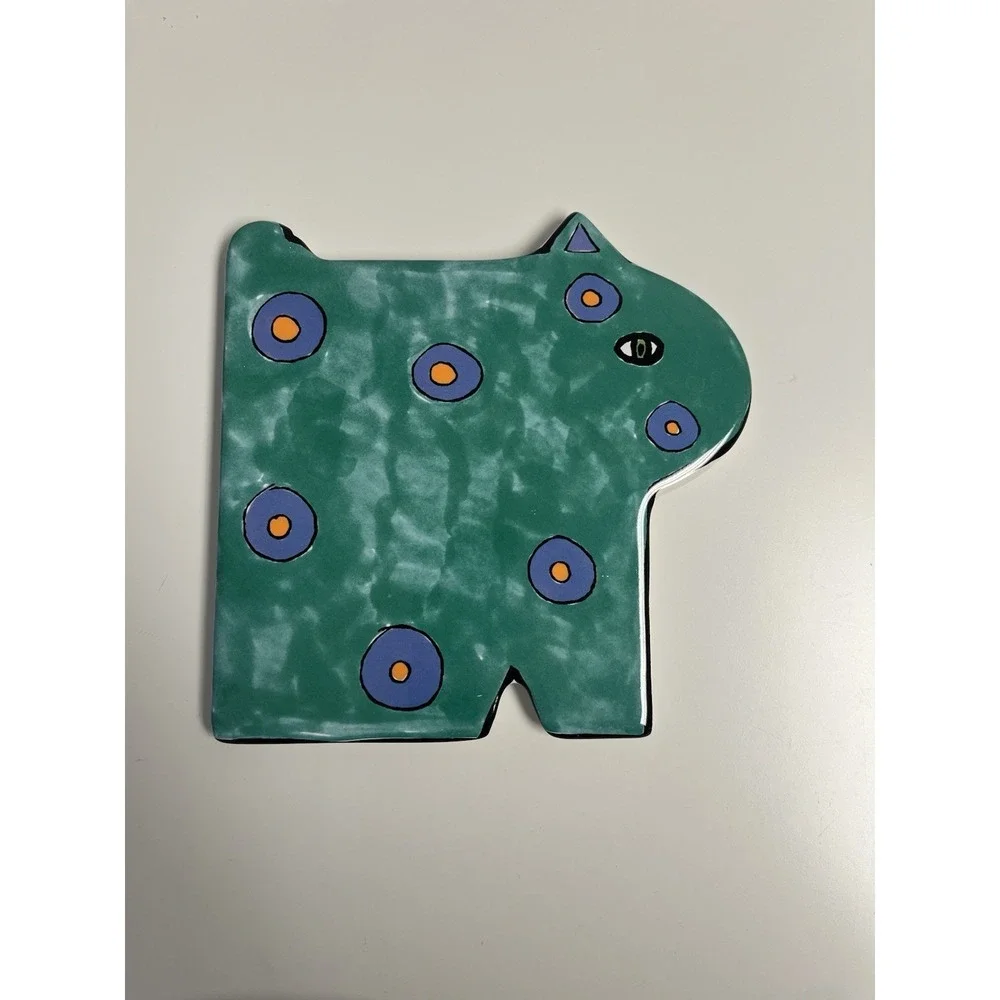 Vtg Ceramic Cat Trivet Porta Annee Goodchild Teal Spots Footed Plate‎ Eccentric